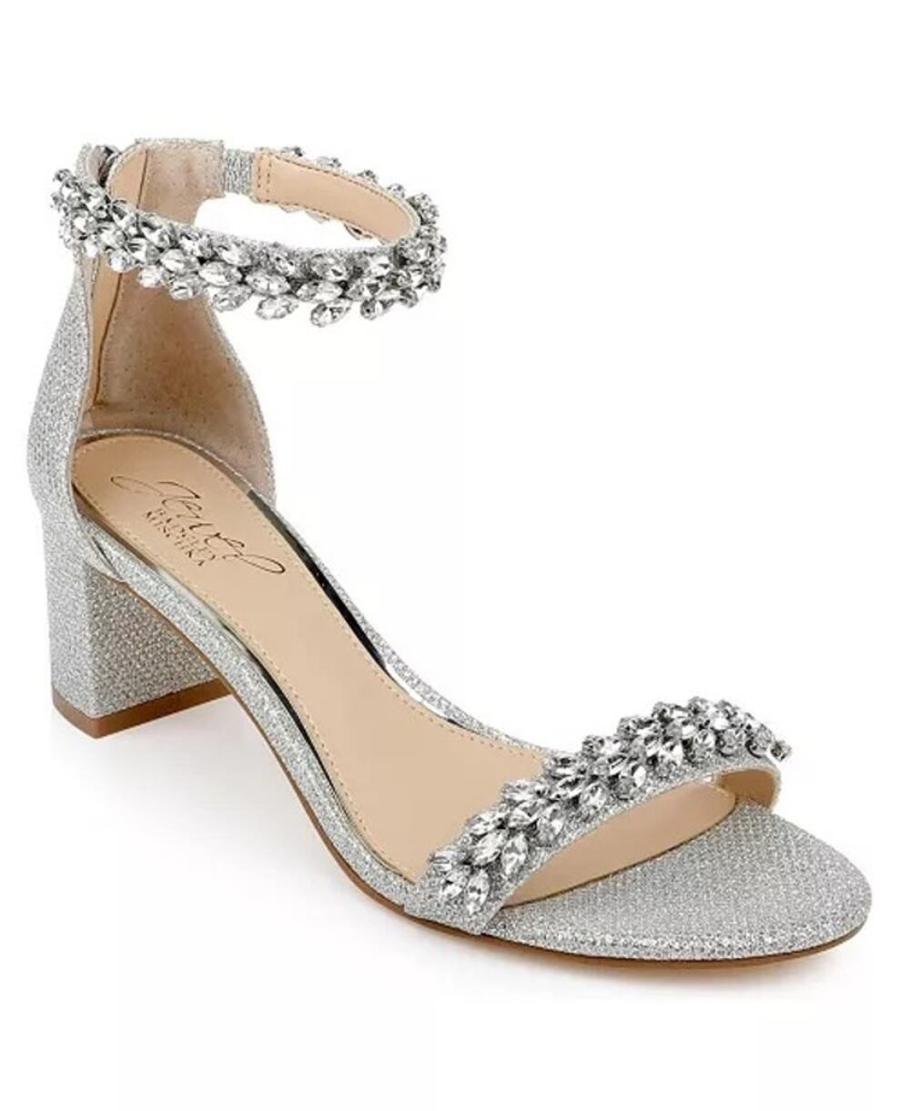Jewel Badgley Mischka Bronwen Block Heel Evening Sandals Silver Glitter Size 6